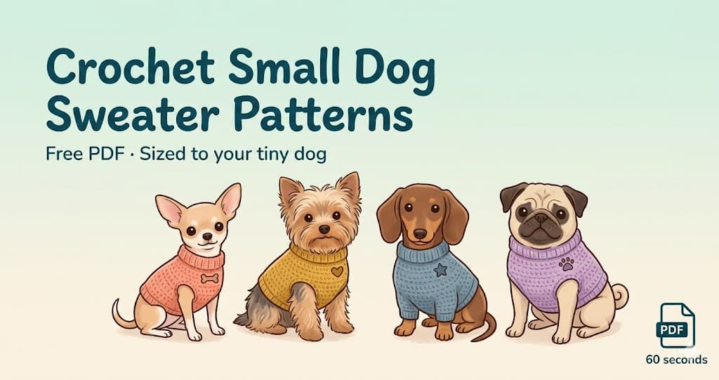 Crochet small dog sweater pattern generator showing chihuahua, yorkie, dachshund, and pug wearing pastel sweaters