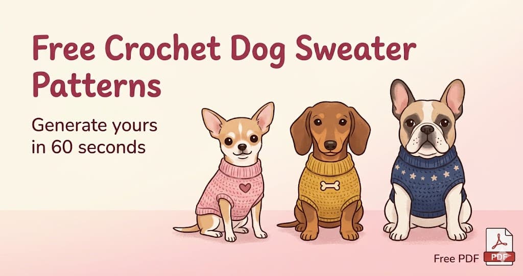Free crochet dog sweater pattern generator showing chihuahua, dachshund, and french bulldog wearing pastel sweaters